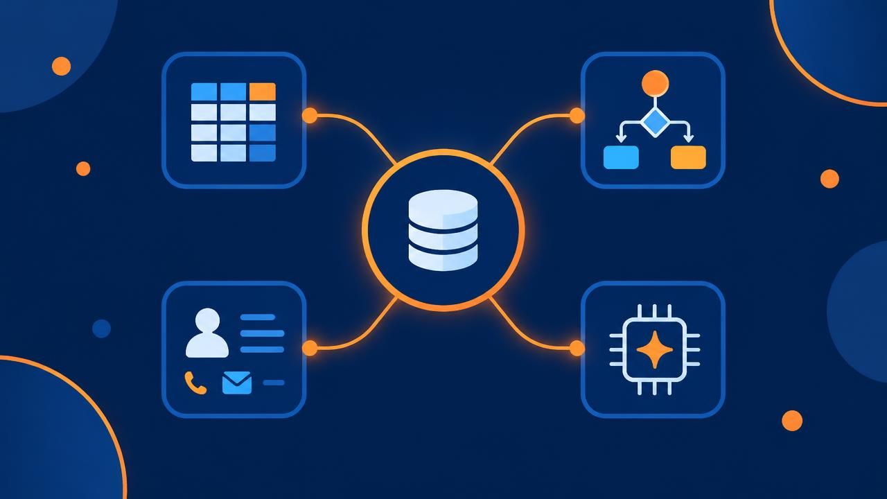Połączone narzędzia do automatyzacji procesów: baza danych, platforma integracyjna, CRM i AI